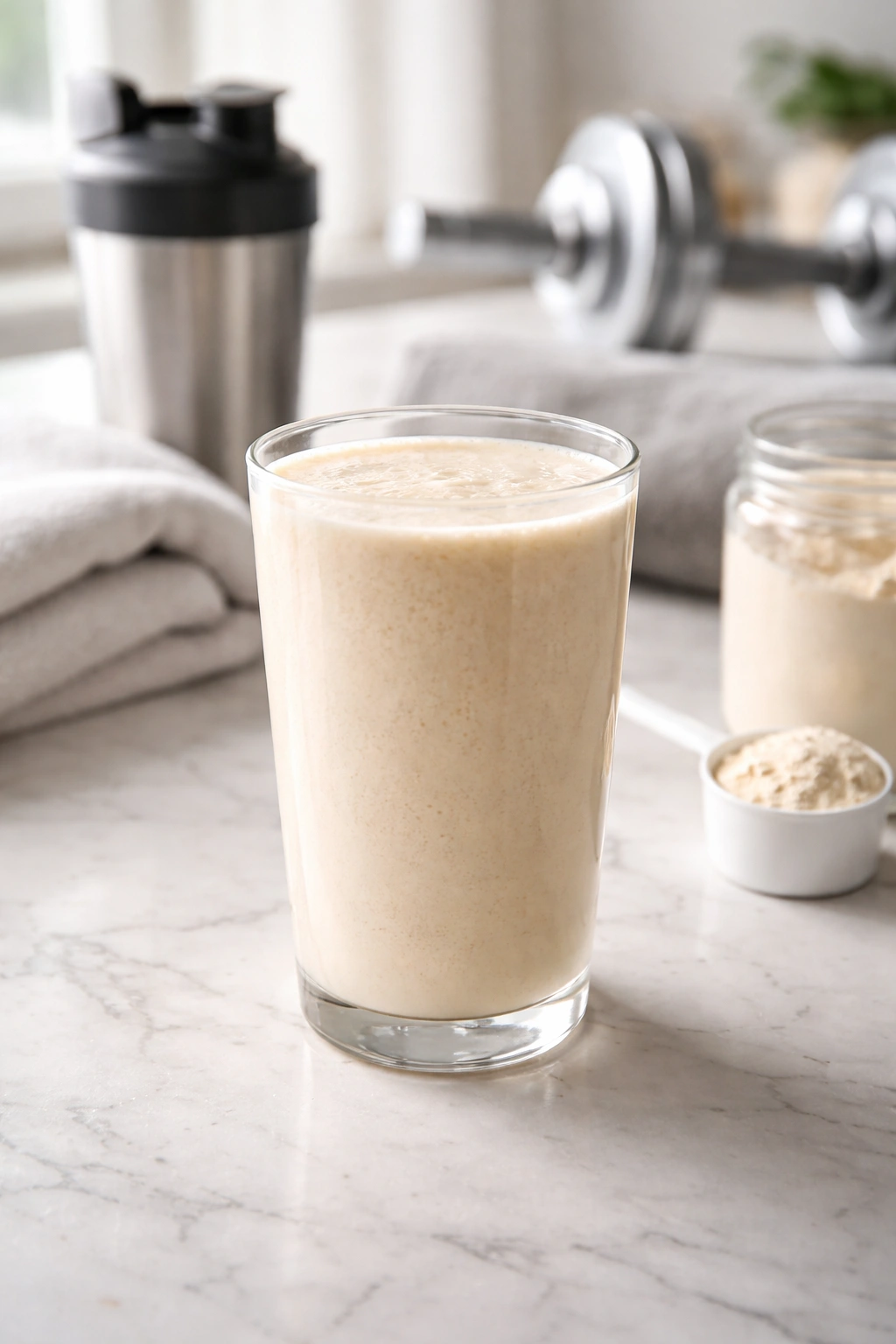 Close-up of a glass of protein smoothie on a marble counter for post-workout recovery
