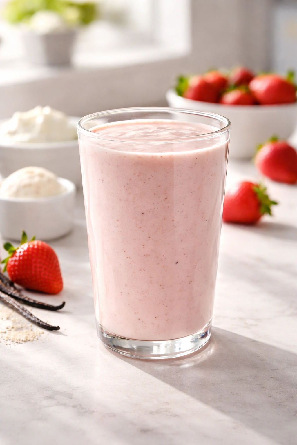 Glass of strawberry vanilla Greek yogurt recovery smoothie with pink hue