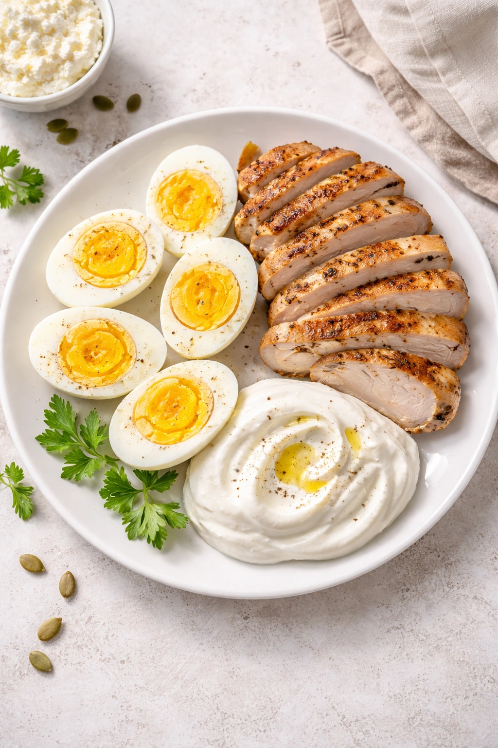 Plate of high-protein foods including eggs, chicken, and Greek yogurt for weight loss nutrition
