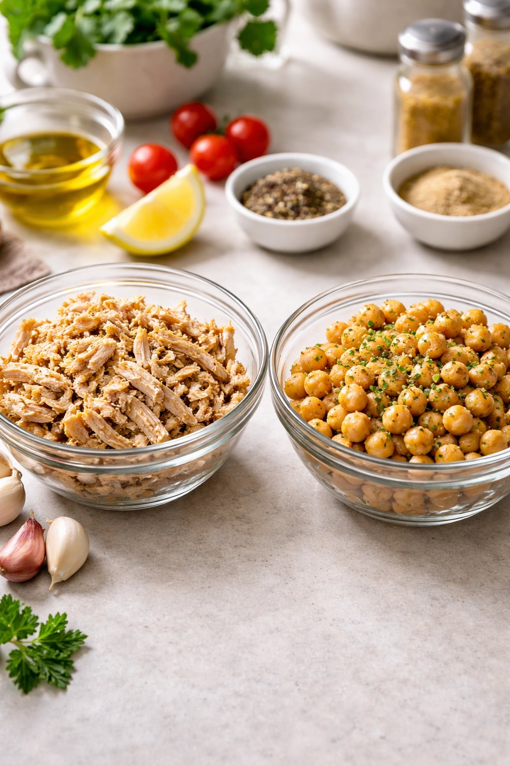 Two prep bowls with different proteins showing substitution flexibility