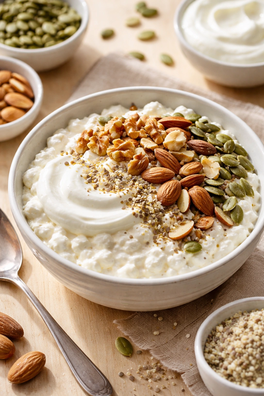 Close-up of cottage cheese with nuts and seeds toppings for extra protein
