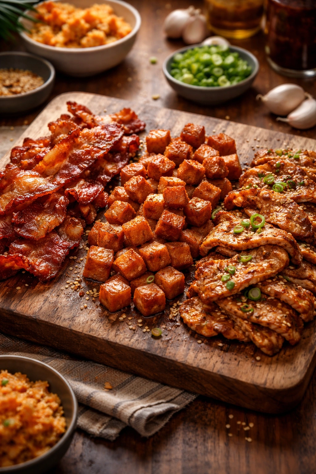 Three protein variations for kimchi fried rice: bacon, SPAM, and pork belly