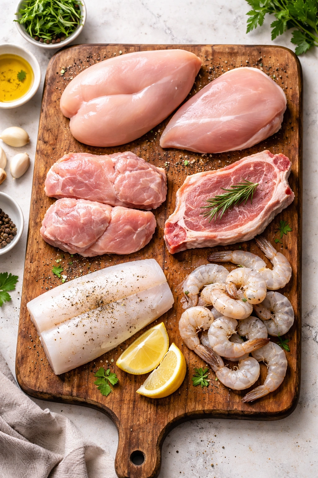 Assorted protein variations for the dish displayed on a cutting board