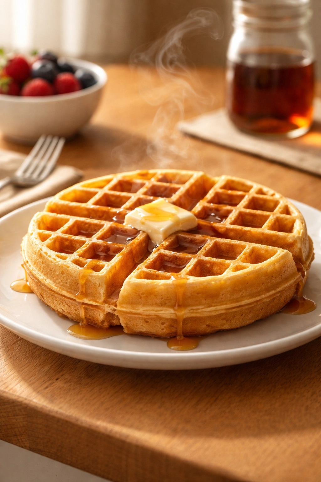 Close-up of a fluffy high-protein waffle on a plate in morning light