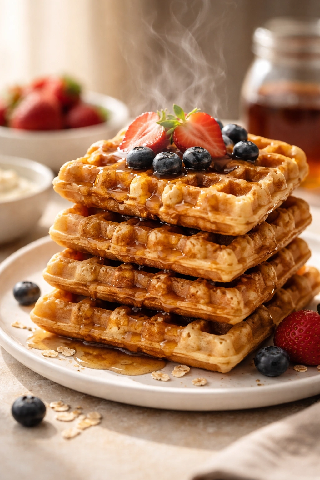 Stack of crispy protein waffles bathed in warm morning light.