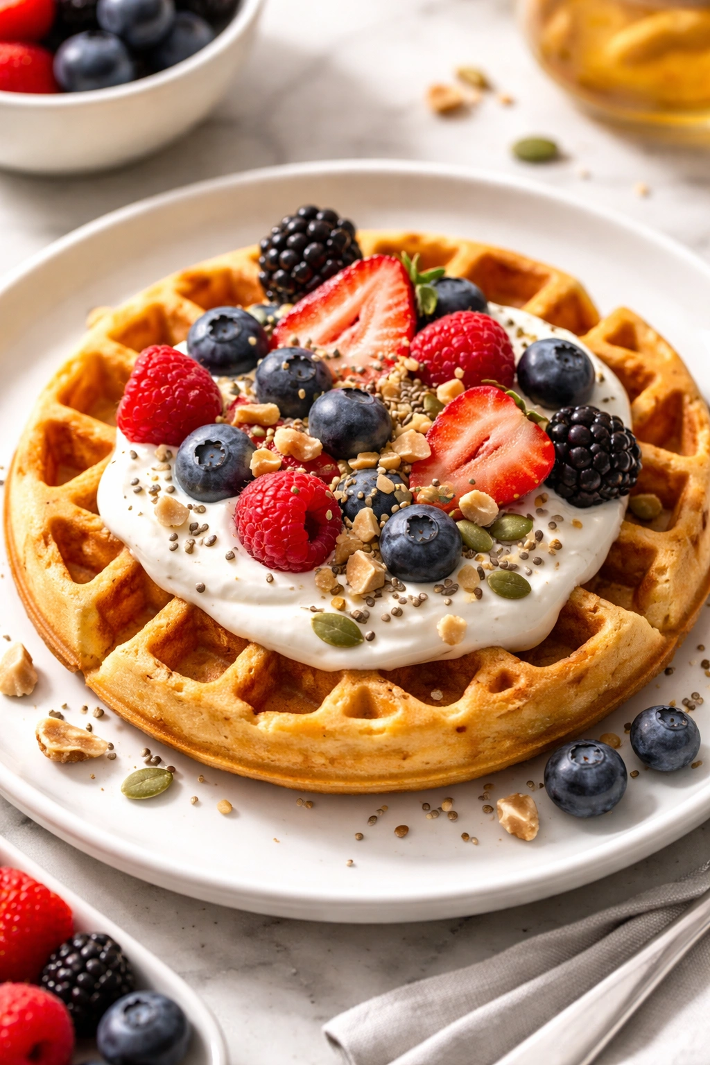 Protein-rich waffle topped with yogurt, berries, and nuts.