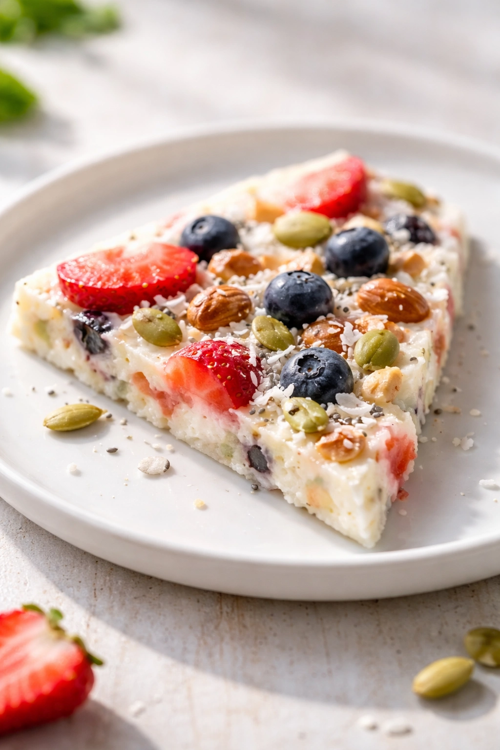 Single frozen yogurt bark shard on a plate with nuts and seeds