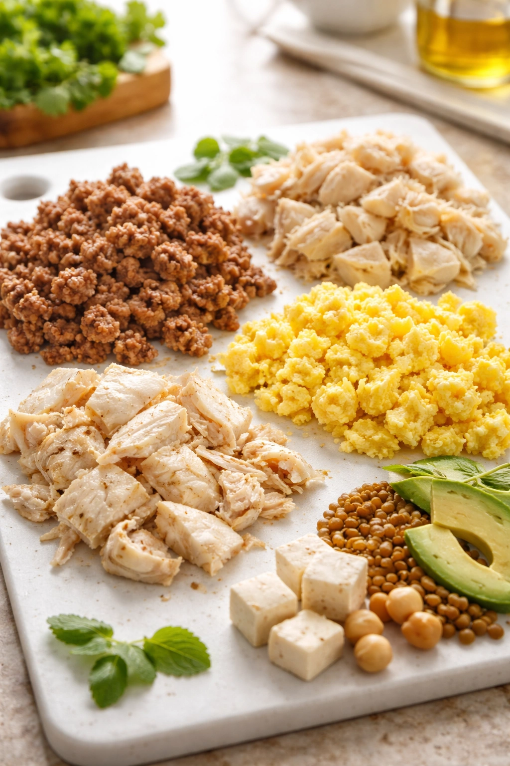 Assorted baby-friendly protein portions: ground beef, shredded chicken, fish flakes, and scrambled eggs