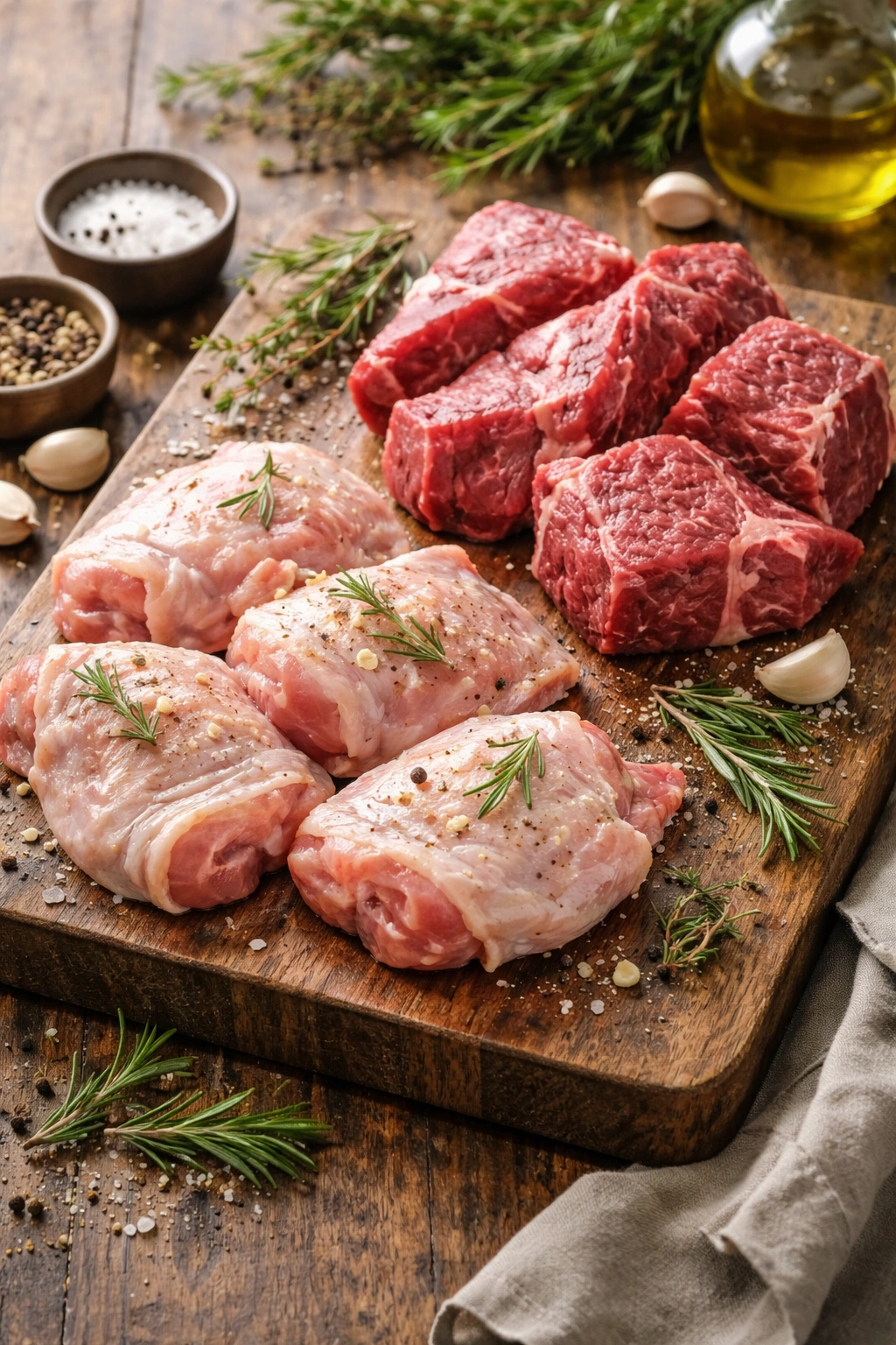 Raw chicken thighs and chuck roast on a cutting board