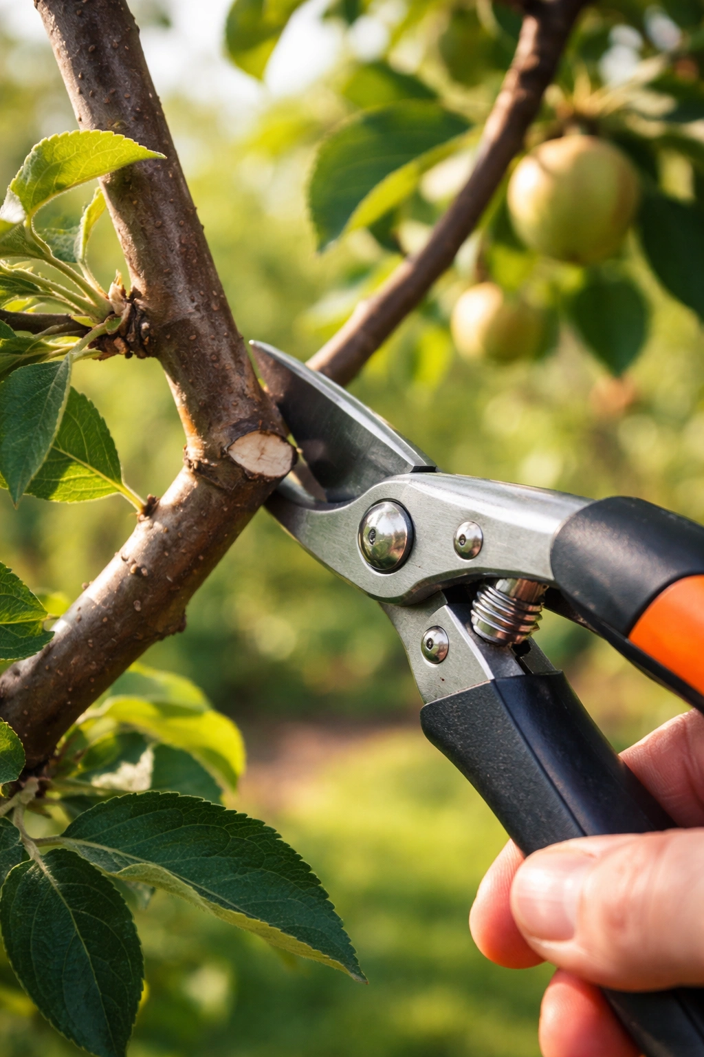 Close-up of pruning shears cutting a fruit tree branch in a garden