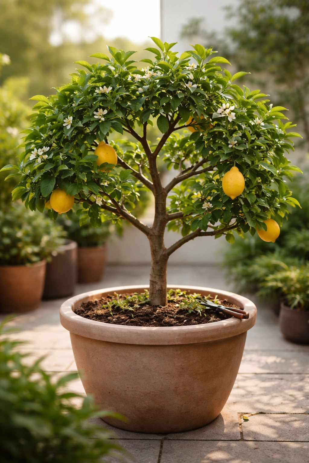 Close-up of a pruned fruit tree in a pot with a compact silhouette