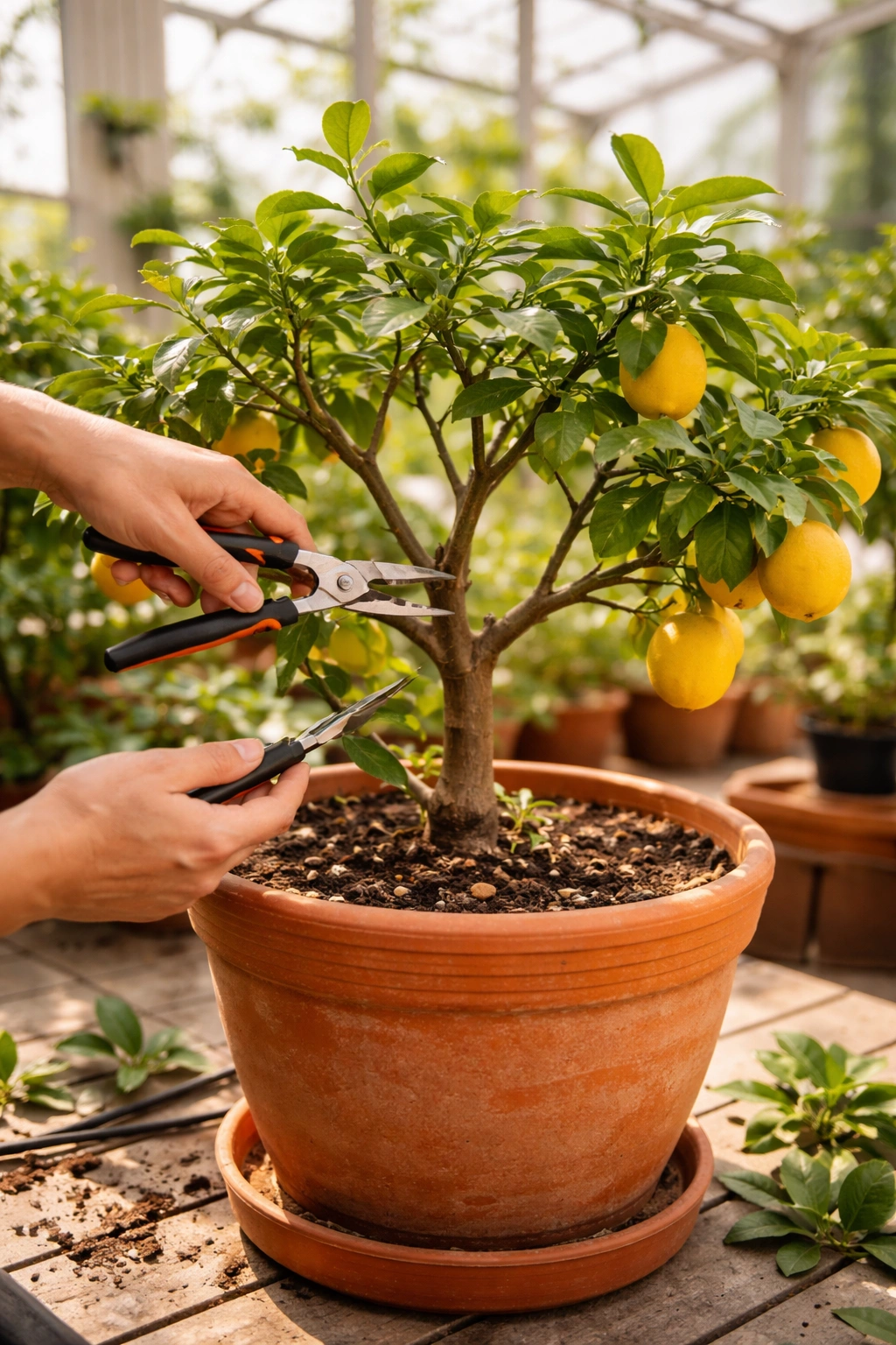 Close-up of pruning a potted dwarf fruit tree with a clean cut