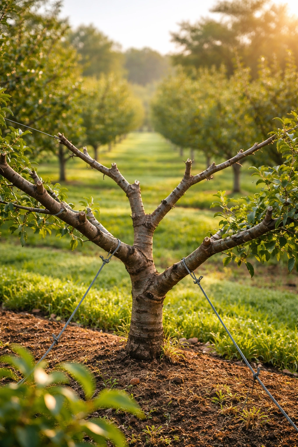 Close-up pruning cuts on a fruit tree with an open-center silhouette in morning light