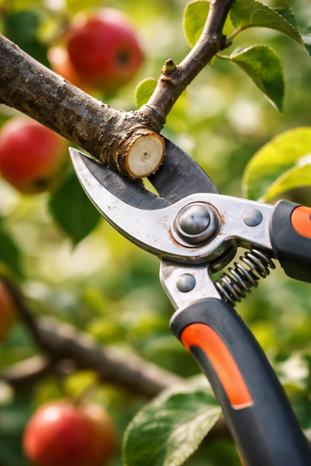 Pruning shears cutting a branch on a fruit tree.