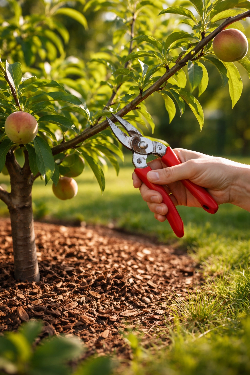 Hands pruning a fruit tree branch in a garden