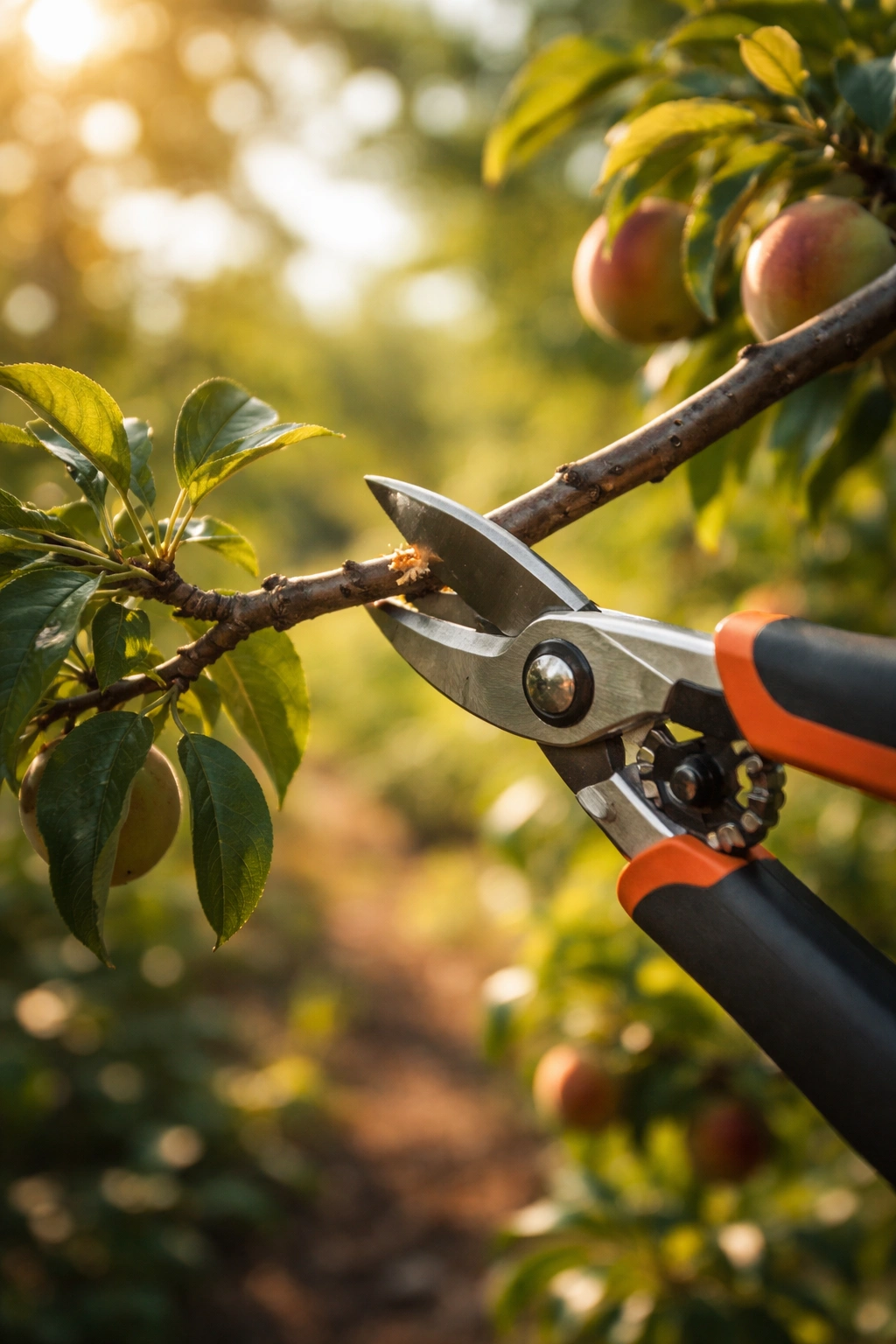 Pruning shears trimming a branch on a fruit tree in bright sun