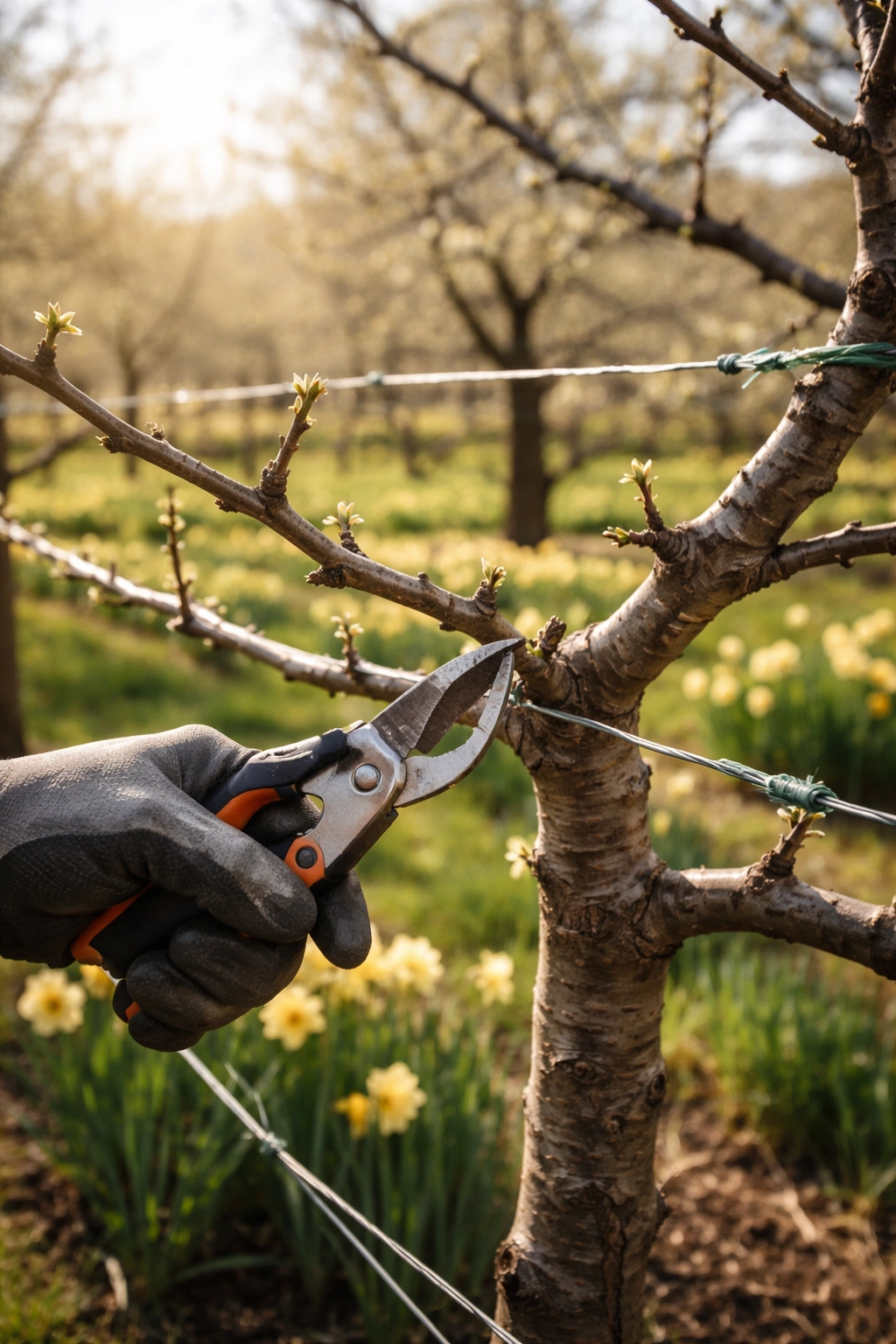 Close-up pruning cut on a dormant fruit tree branch with training wires in a sunlit orchard