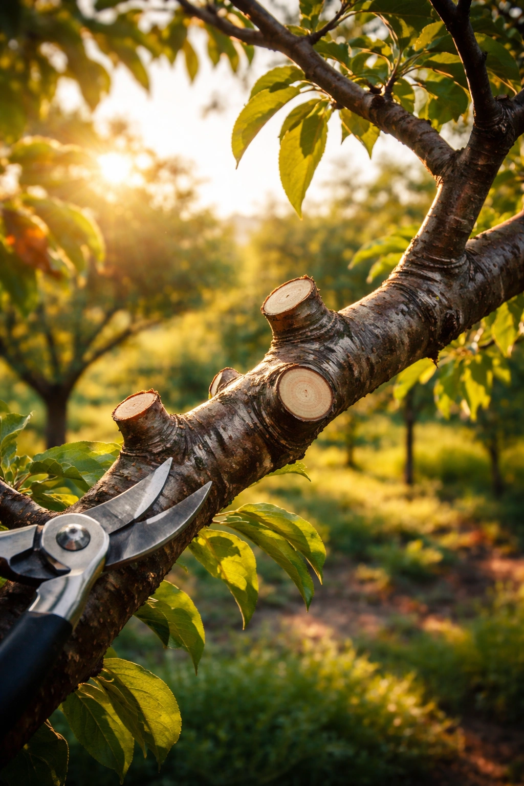 Close-up pruned fruit-tree branch with fresh cuts in a sunlit garden
