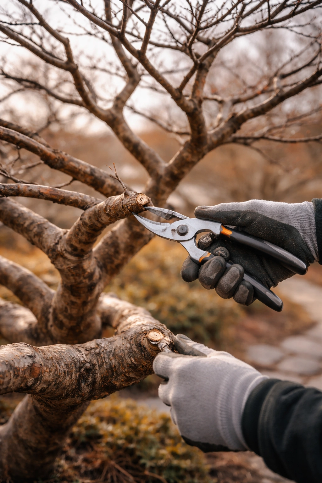 Bare-branched Japanese maple being pruned in winter