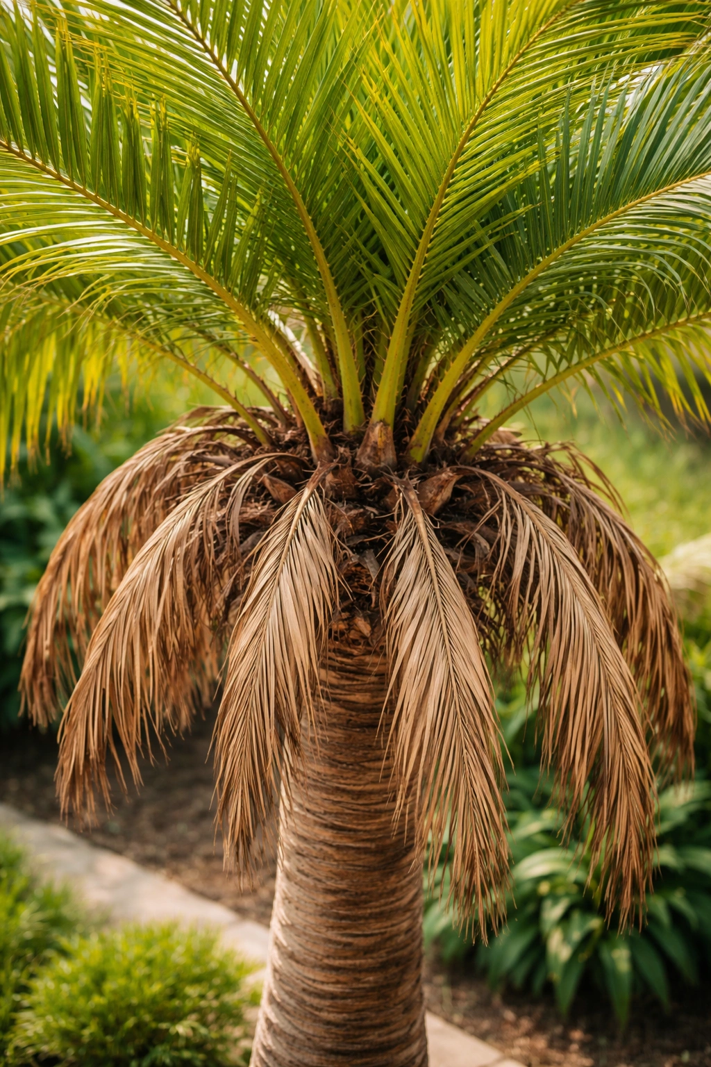 Palm crown with brown dead fronds and green fronds