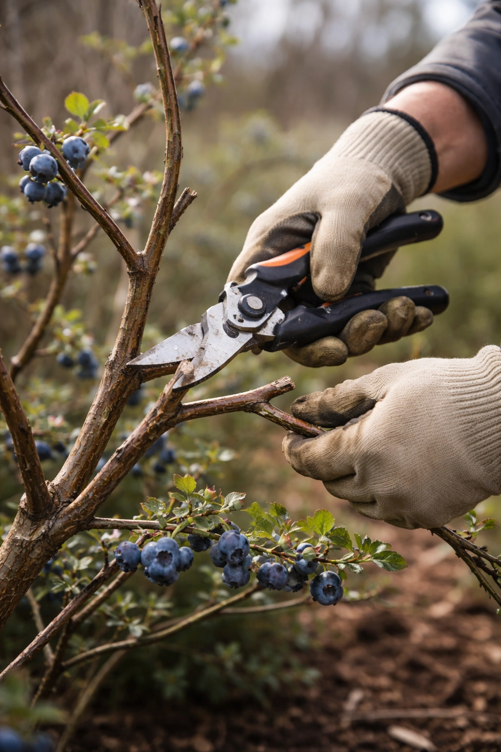 Gardener pruning a blueberry bush with pruning shears