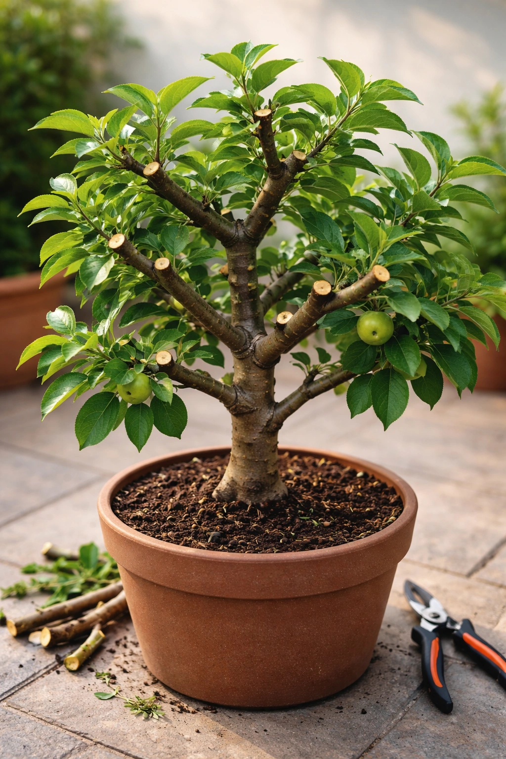 Dwarf fruit tree in a pot with pruning cuts