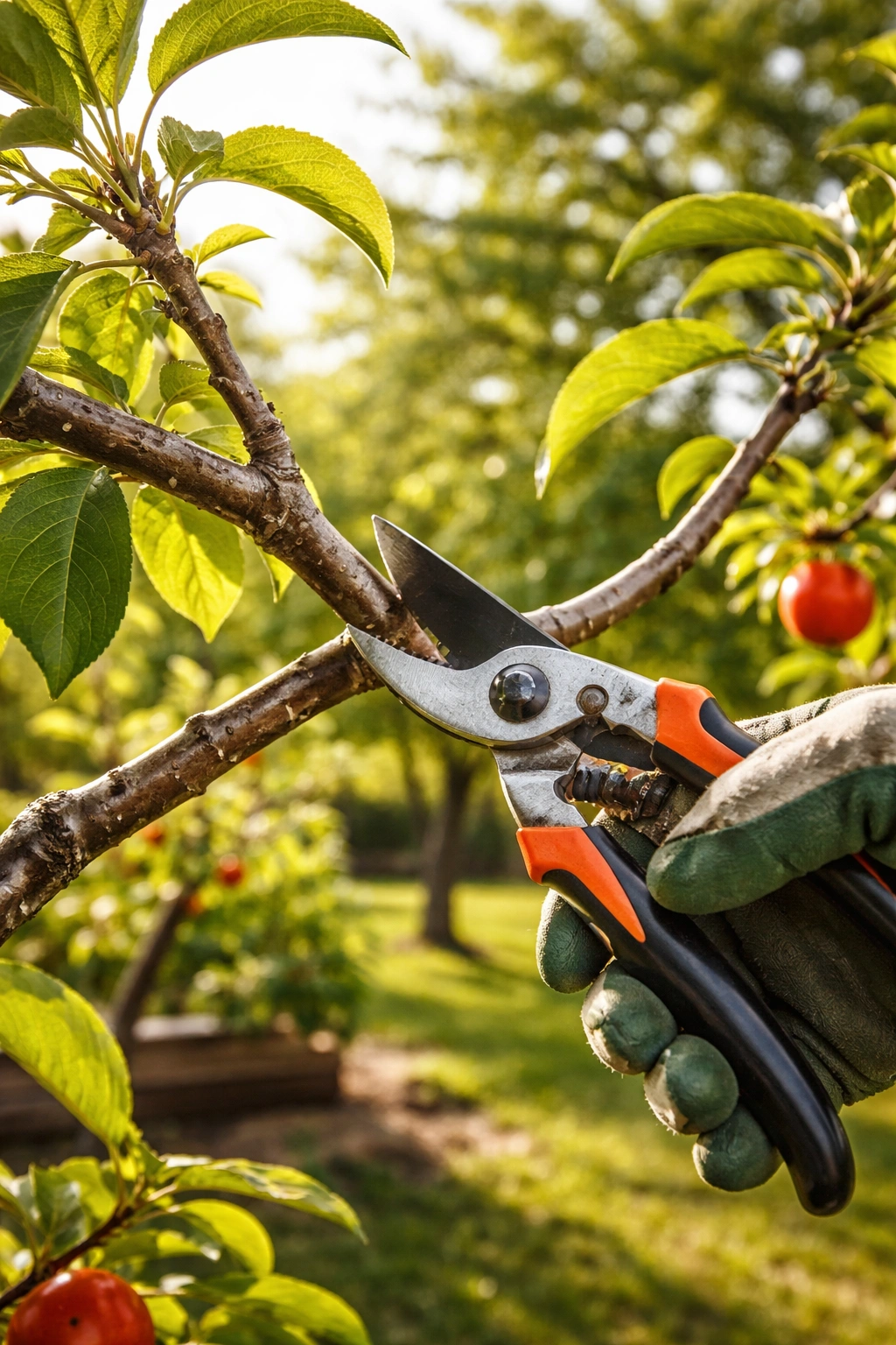 Close-up of pruning cut on a young fruit tree branch in a sunlit orchard.