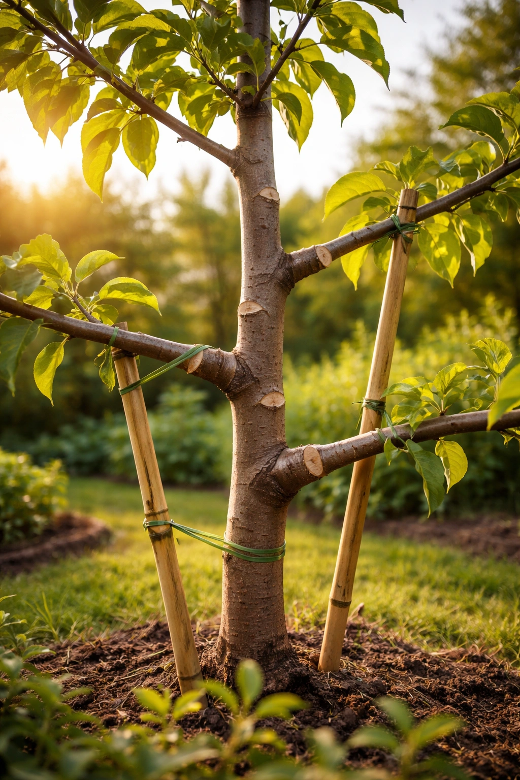 Young fruit tree with central leader and scaffold branches, training support visible