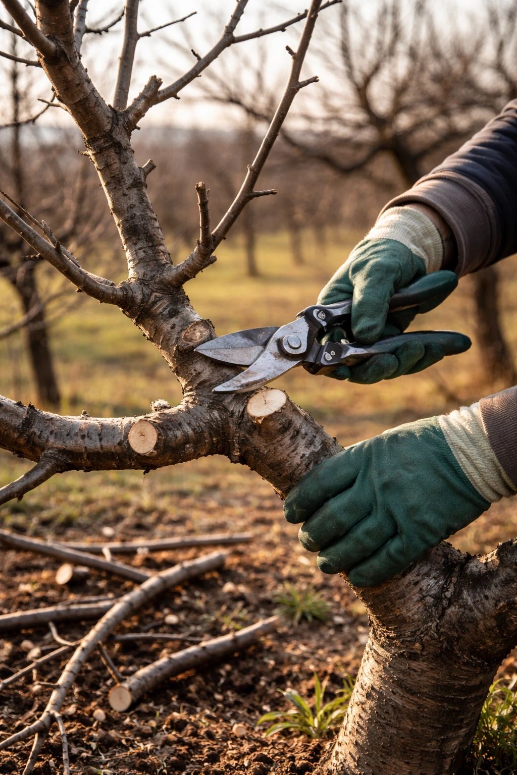 Fruit tree being pruned in winter showing pruning cuts and scaffold branches.
