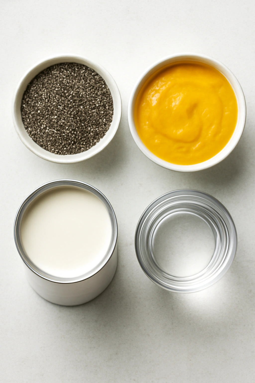 Flat lay of chia seeds, mango puree, coconut milk, and liquid for pudding