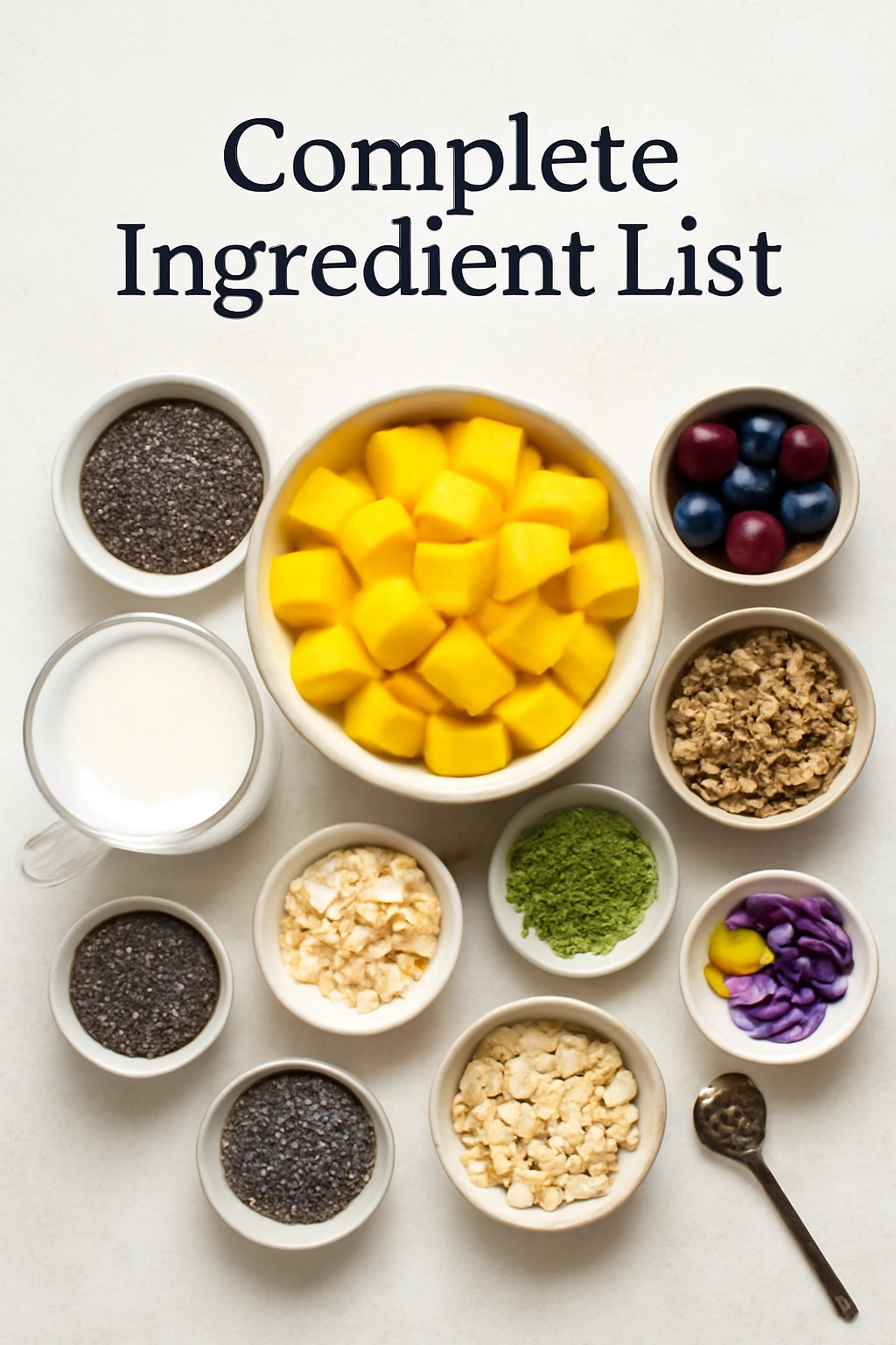 Flat lay of base ingredients and toppings for mango chia pudding