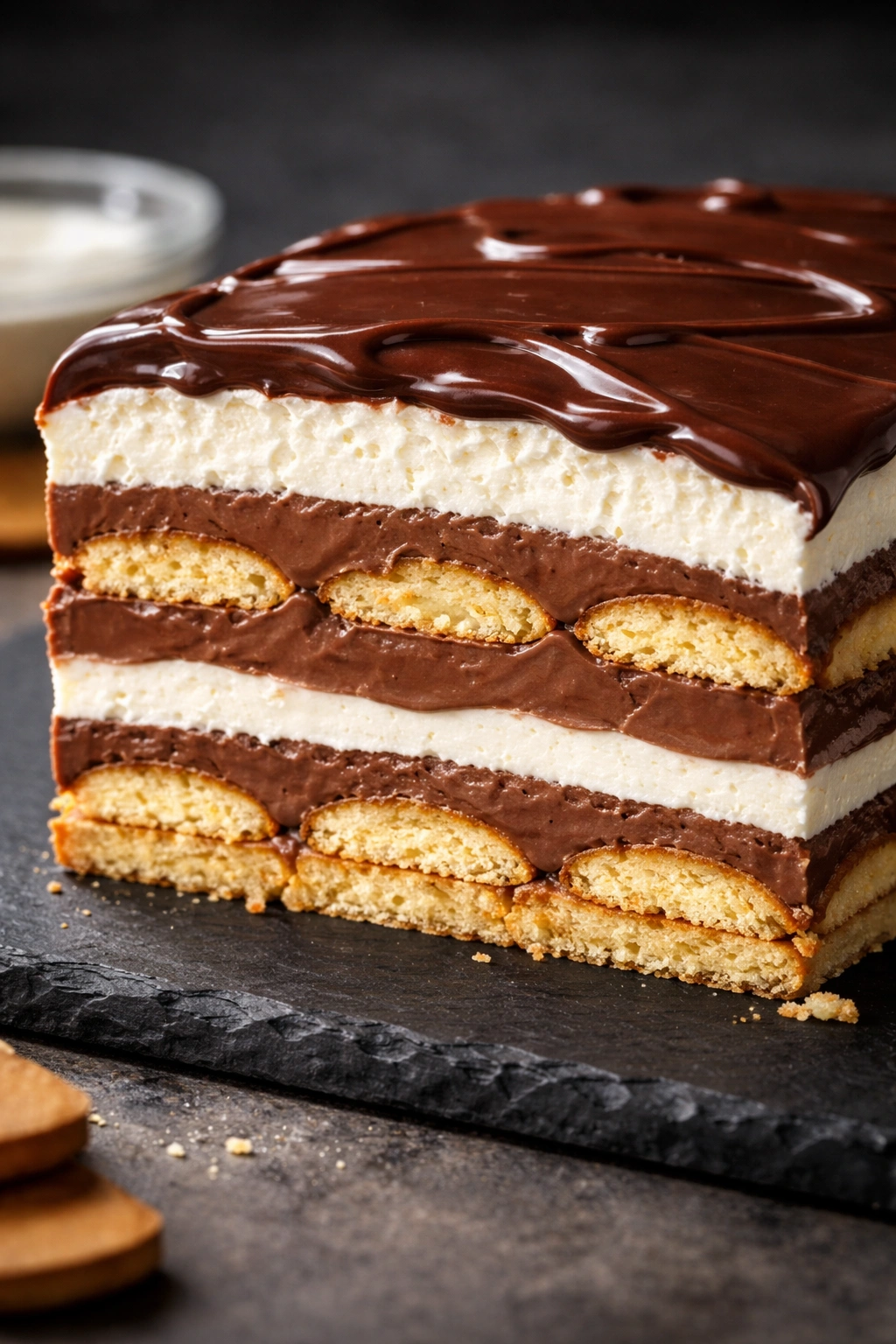 Cross-section of pudding and wafer foundation showing layered wafers and chocolate pudding
