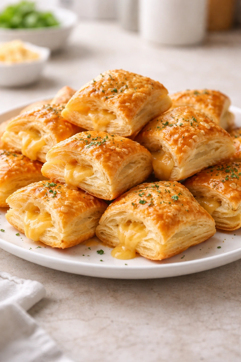 Close-up of golden puff pastry bites on a plate, showcasing simple four-ingredient cheese snack