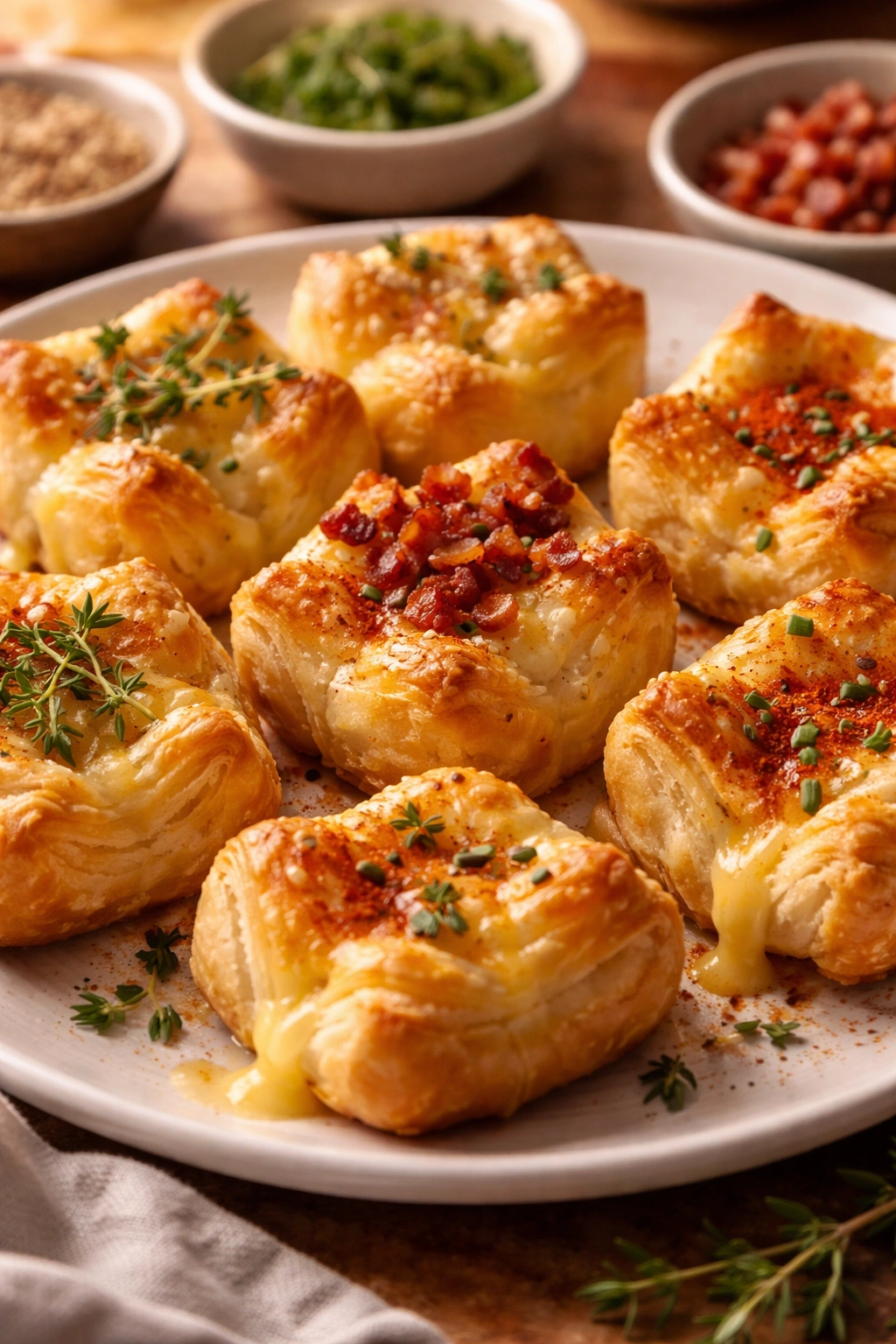 Close-up of golden puff pastry bites with varied cheese toppings and herbs