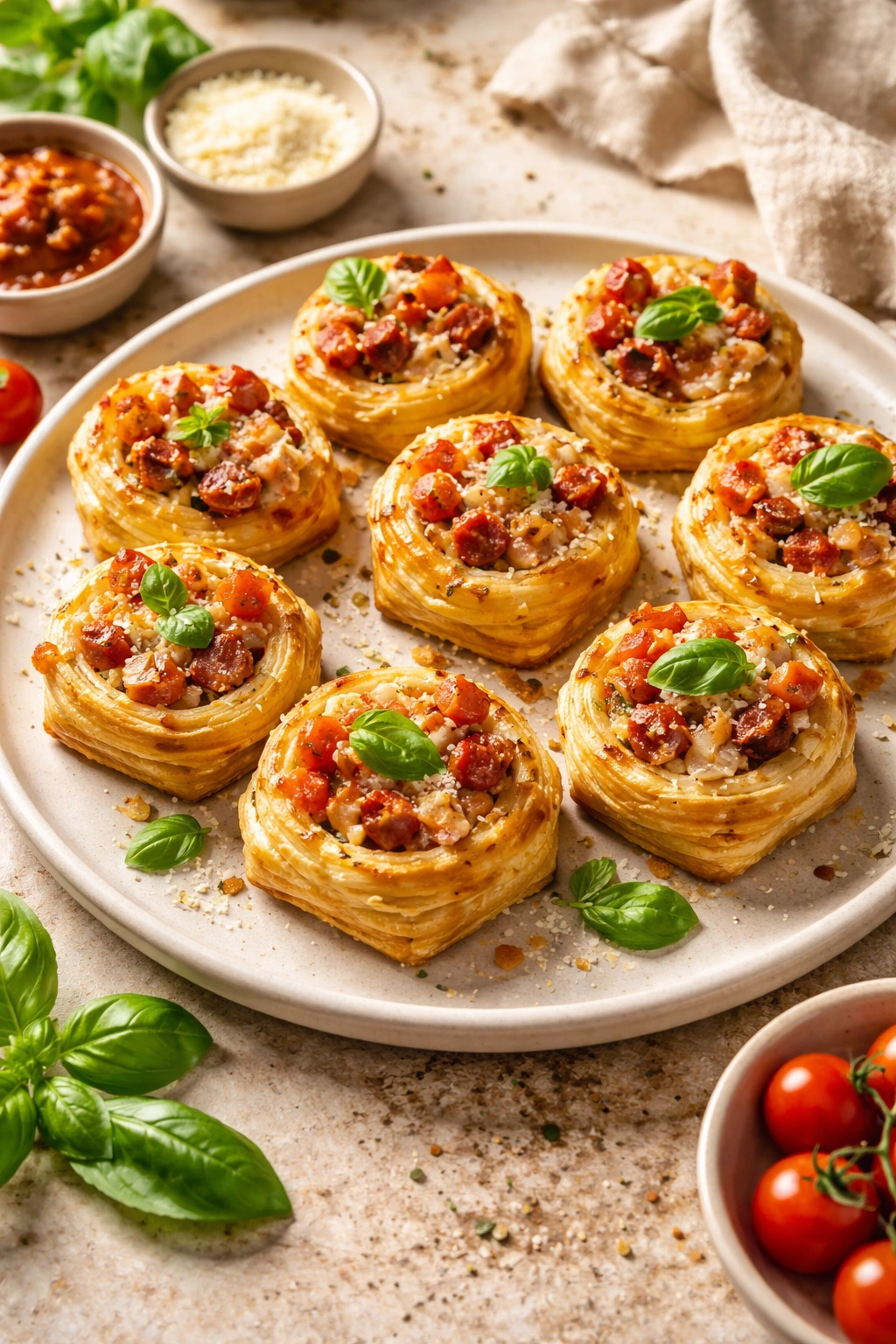 Close-up of golden puff pastry bites with flaky layers on a neutral plate
