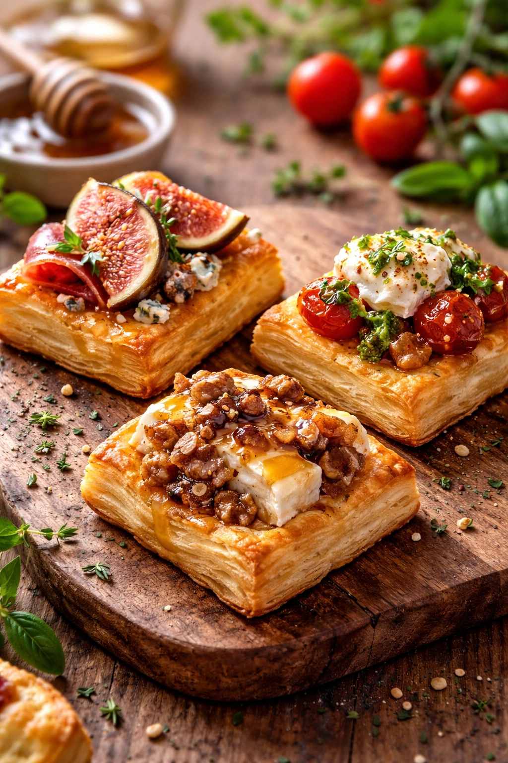 Three puff pastry bites with sweet and savory toppings on a wooden board