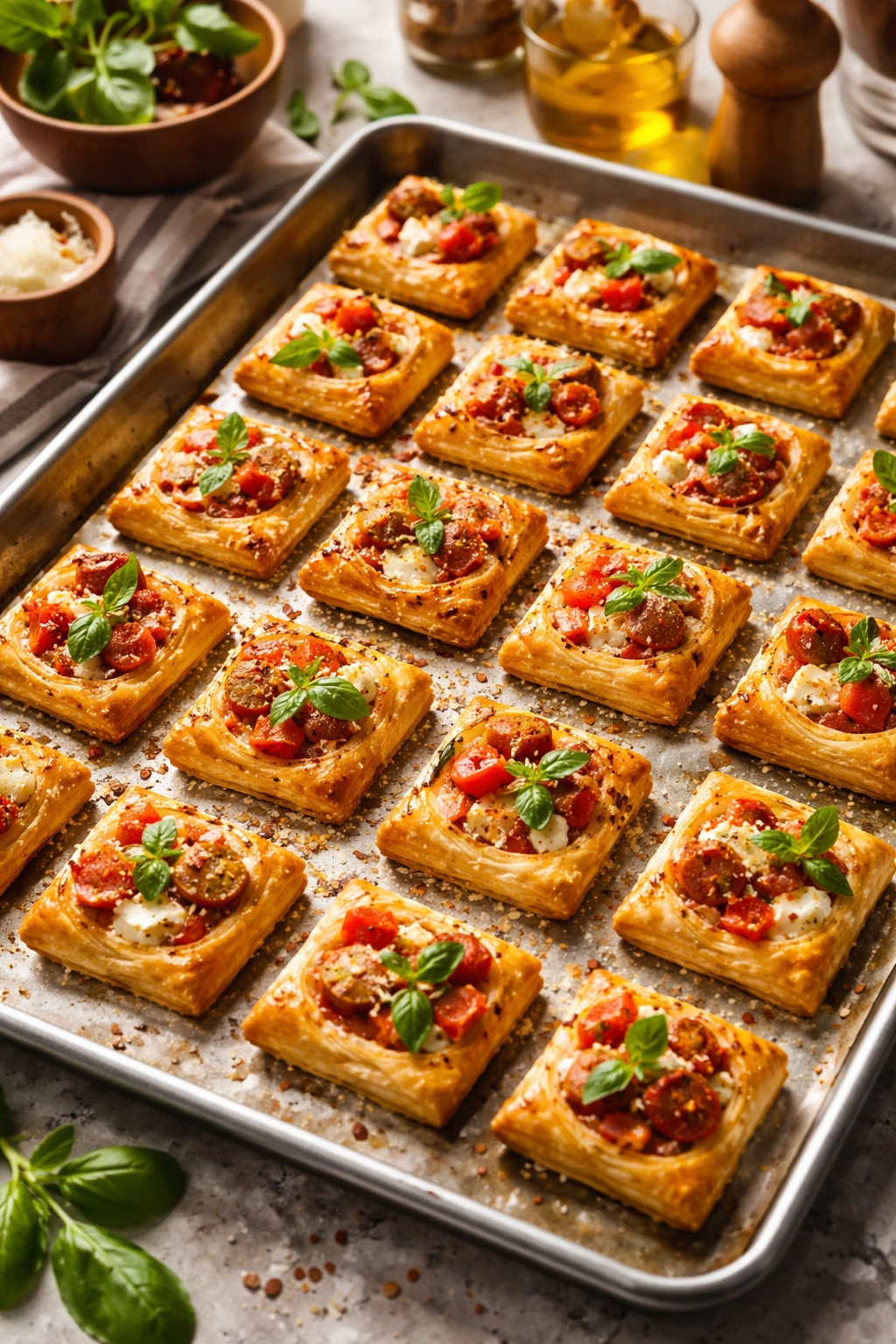 Tray of 24 finished puff pastry bites with basil garnish and olive oil sheen