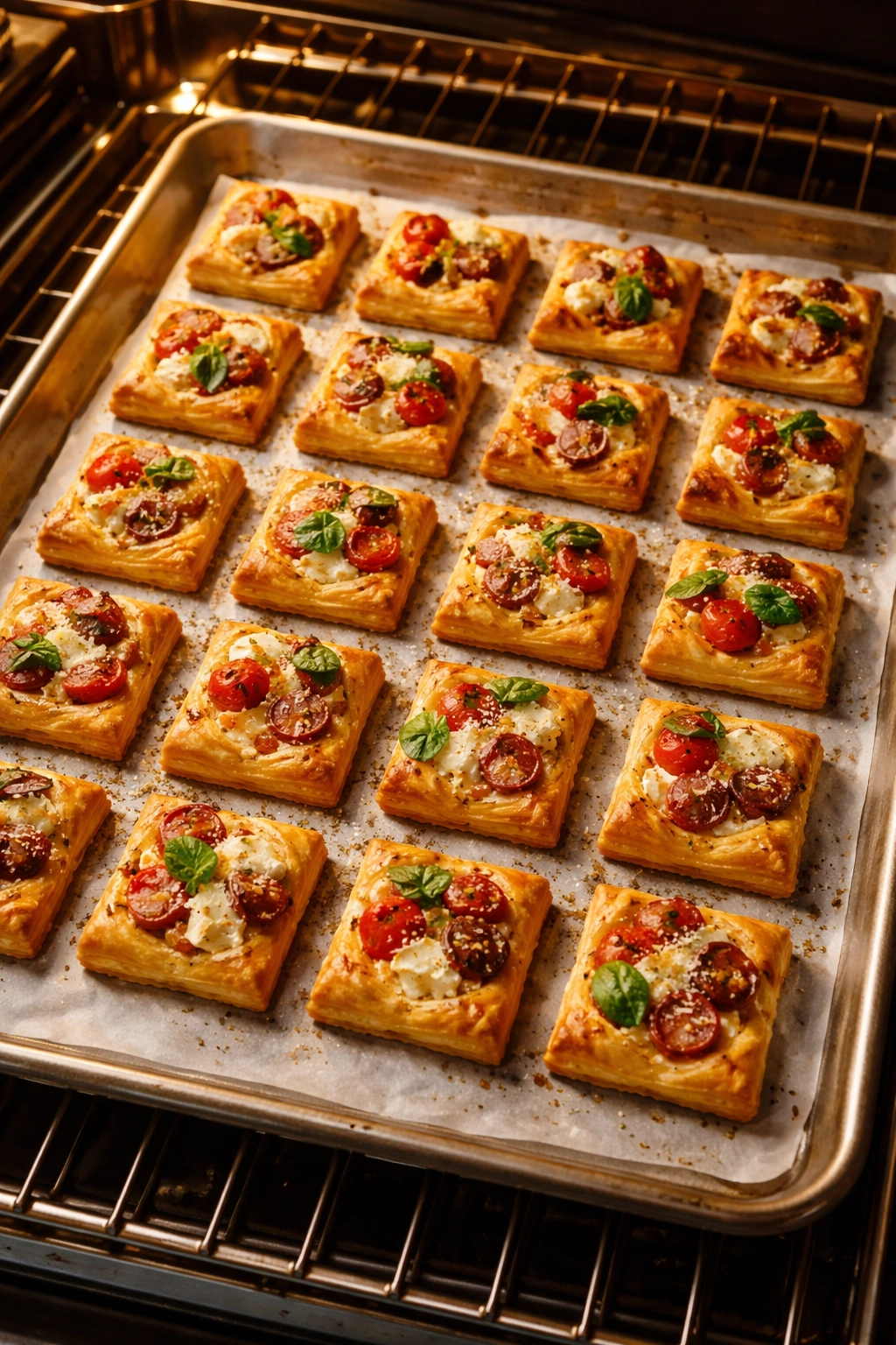 Baking sheet with 24 puff pastry bites arranged ready to bake in an oven-friendly layout