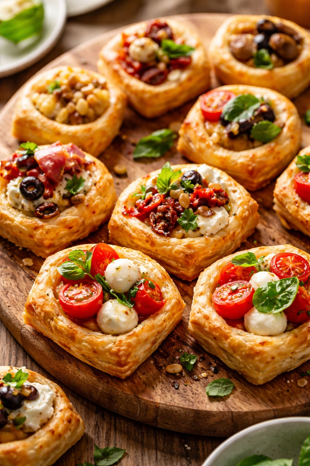 Close-up of assorted puff pastry bites with varied toppings on a wooden board