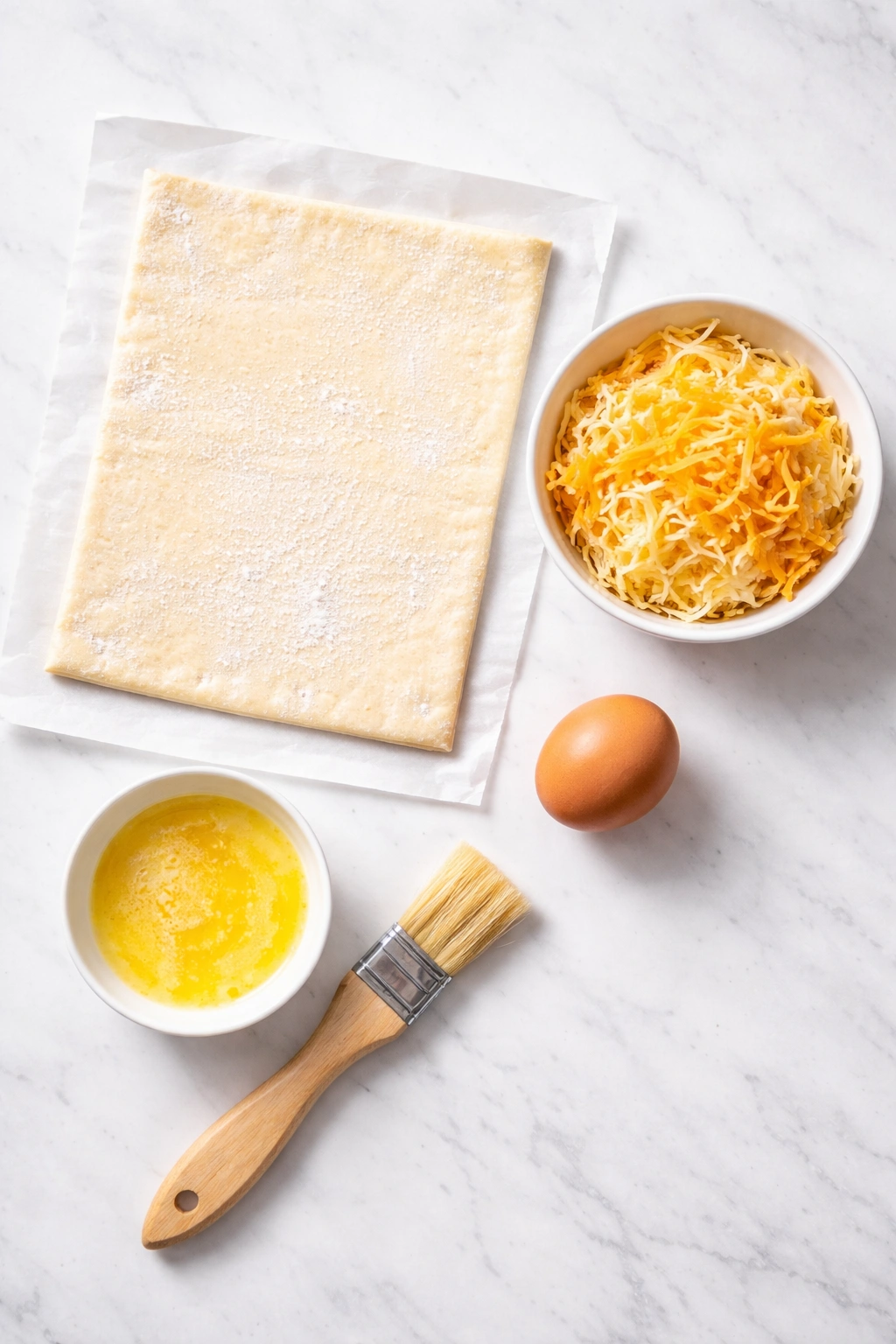 Puff pastry sheet, shredded cheese, melted butter, and an egg arranged for the recipe