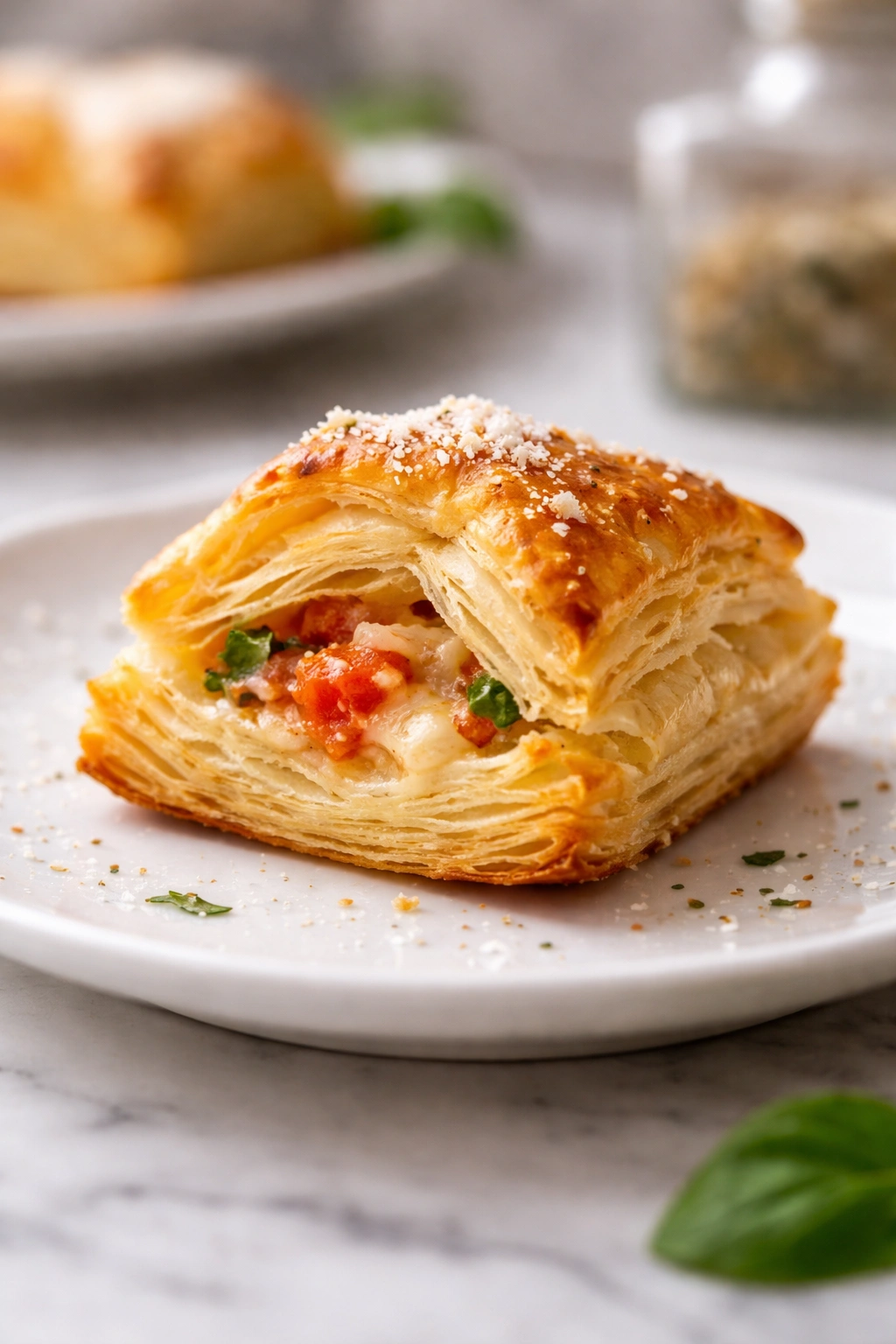 Close-up of a golden flaky puff pastry bite on a plate