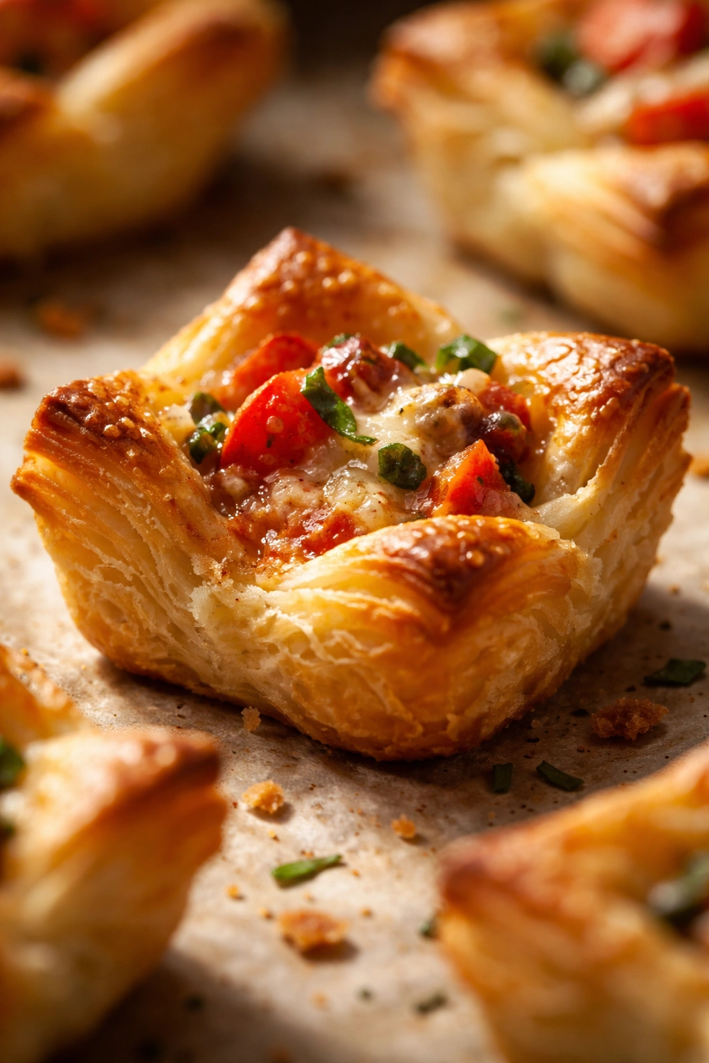 Macro shot of a single crisp puff pastry bite with visible flaky layers