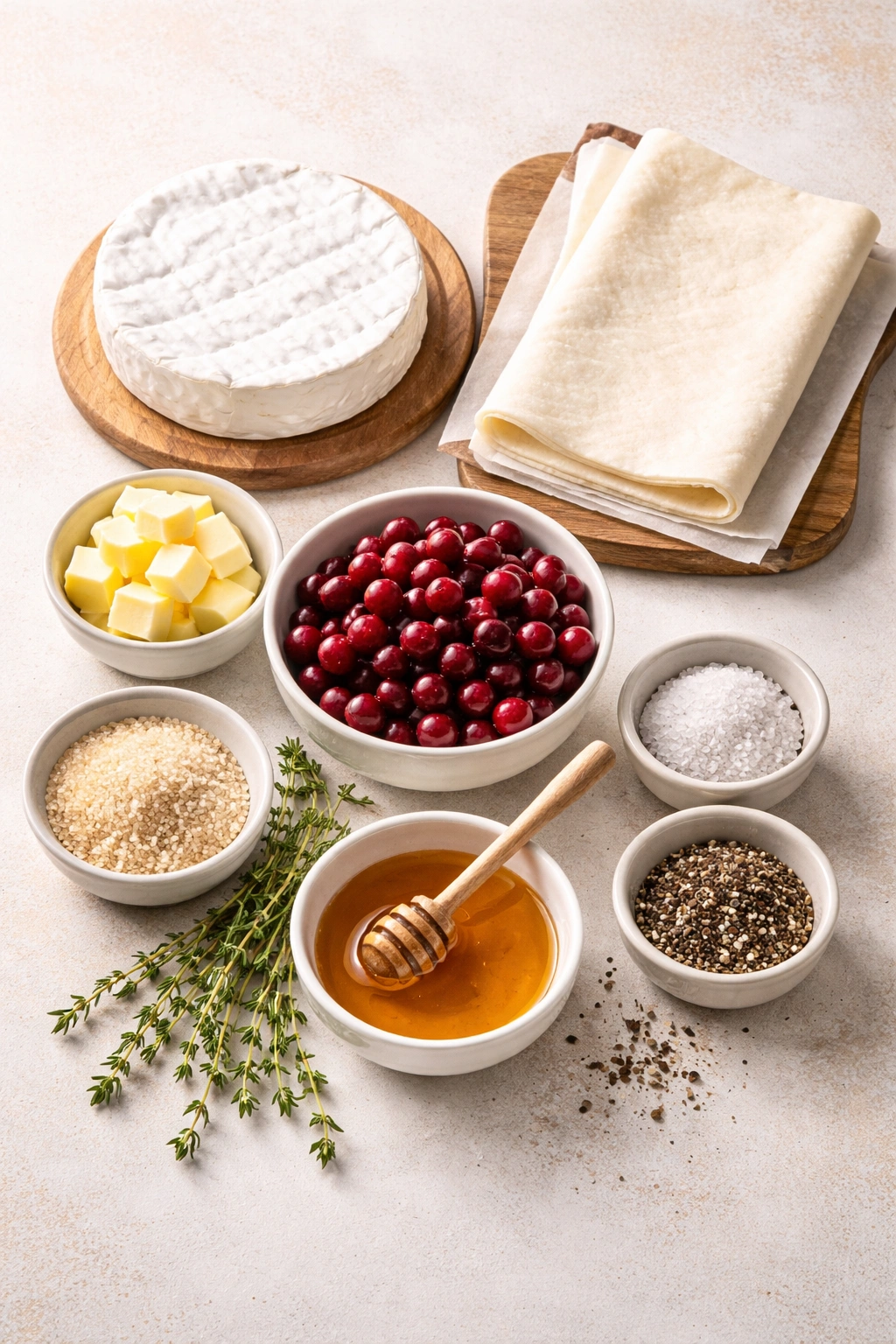 Still-life of brie, puff pastry, cranberries and seasonings
