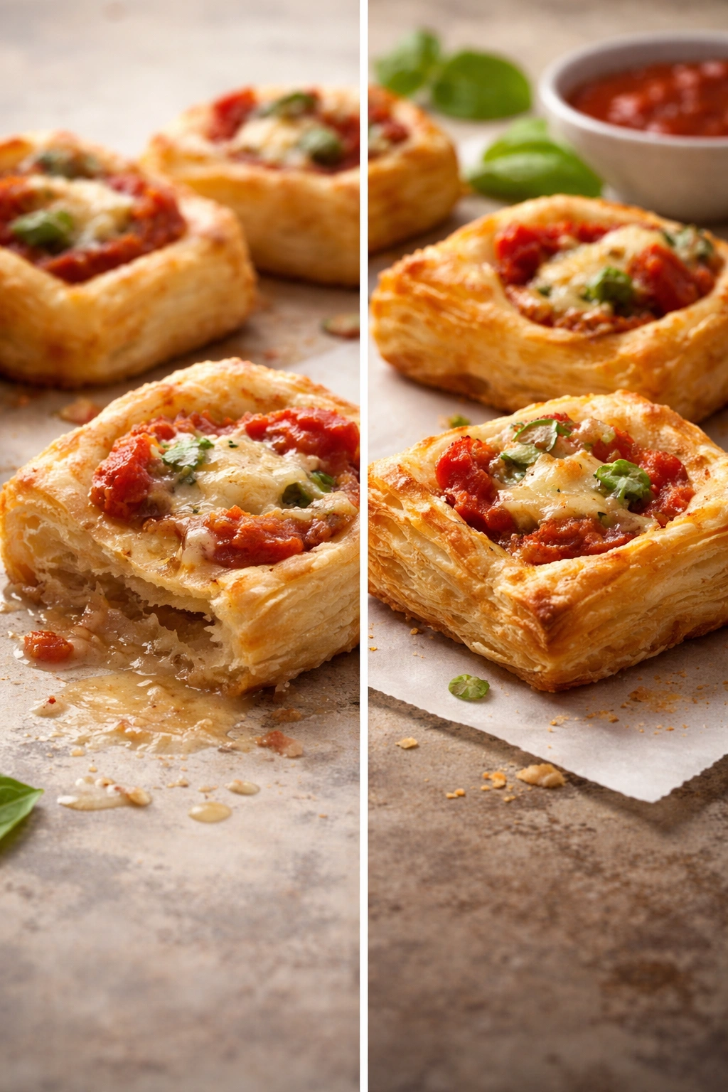 Comparison of soggy vs crisp puff pastry bites to highlight common mistakes and proper technique