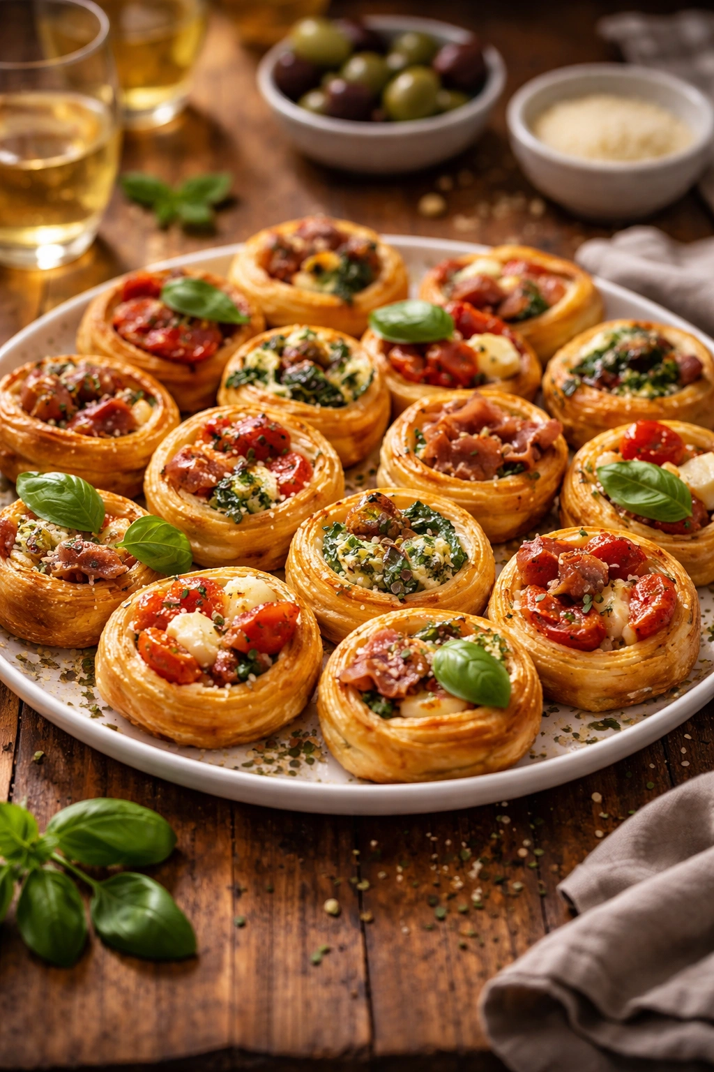 Platter of puff pastry bites on rustic table