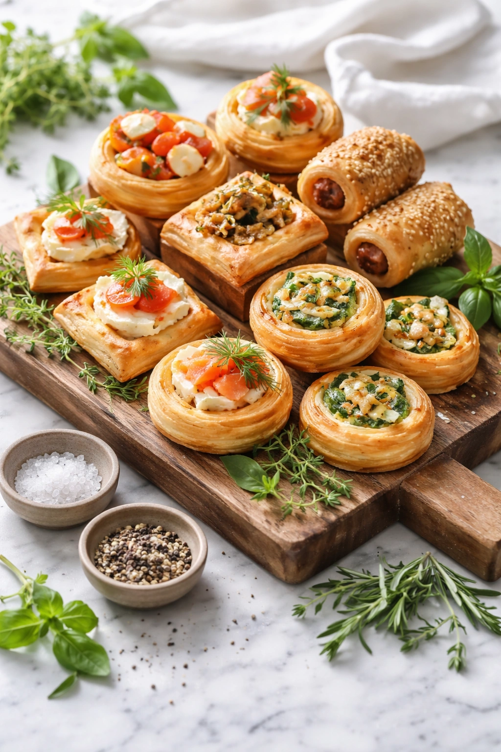Puff pastry appetizers arranged at varying heights with herbs on a serving board