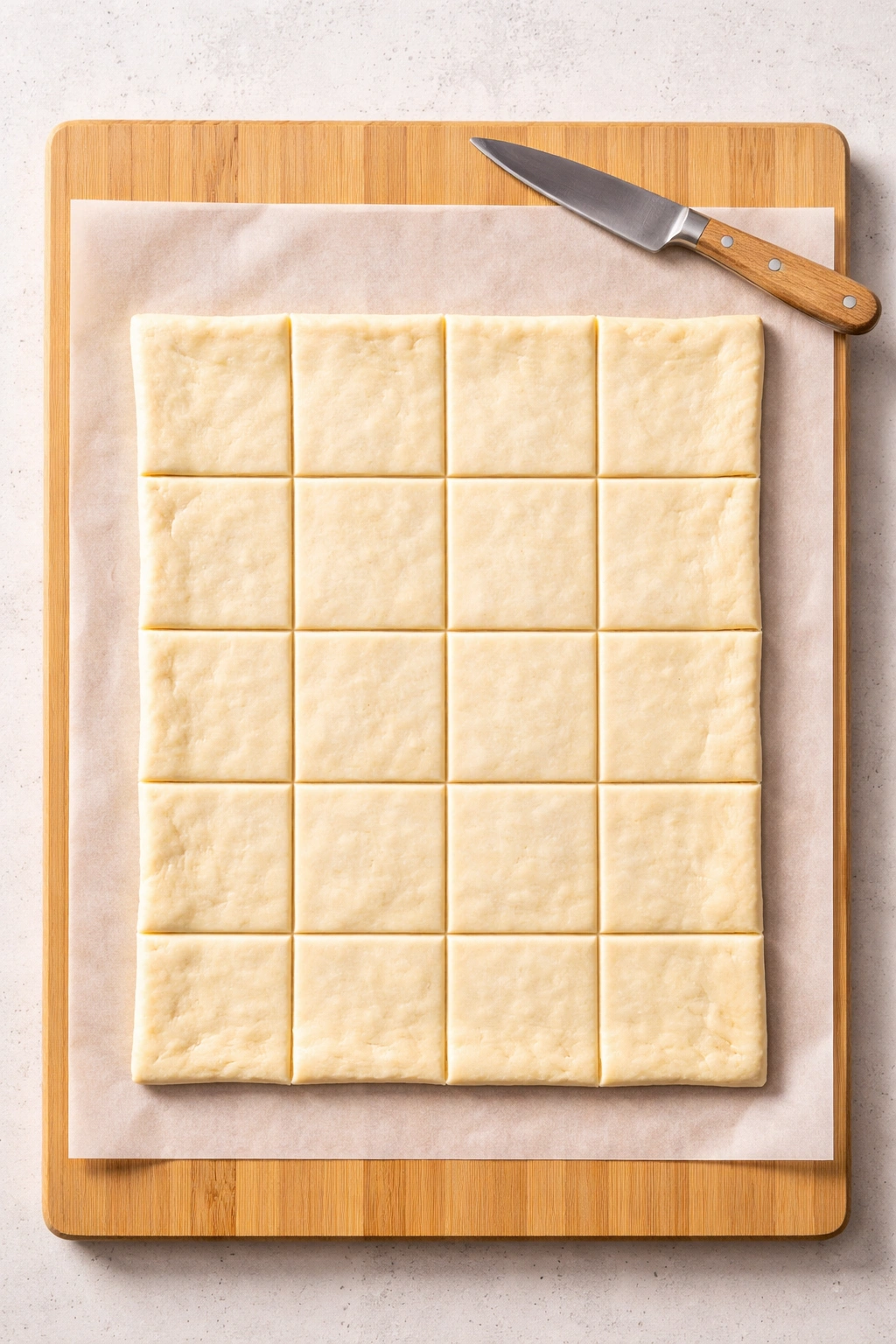 Puff pastry sheet scored into a 4x4 grid ready to be cut