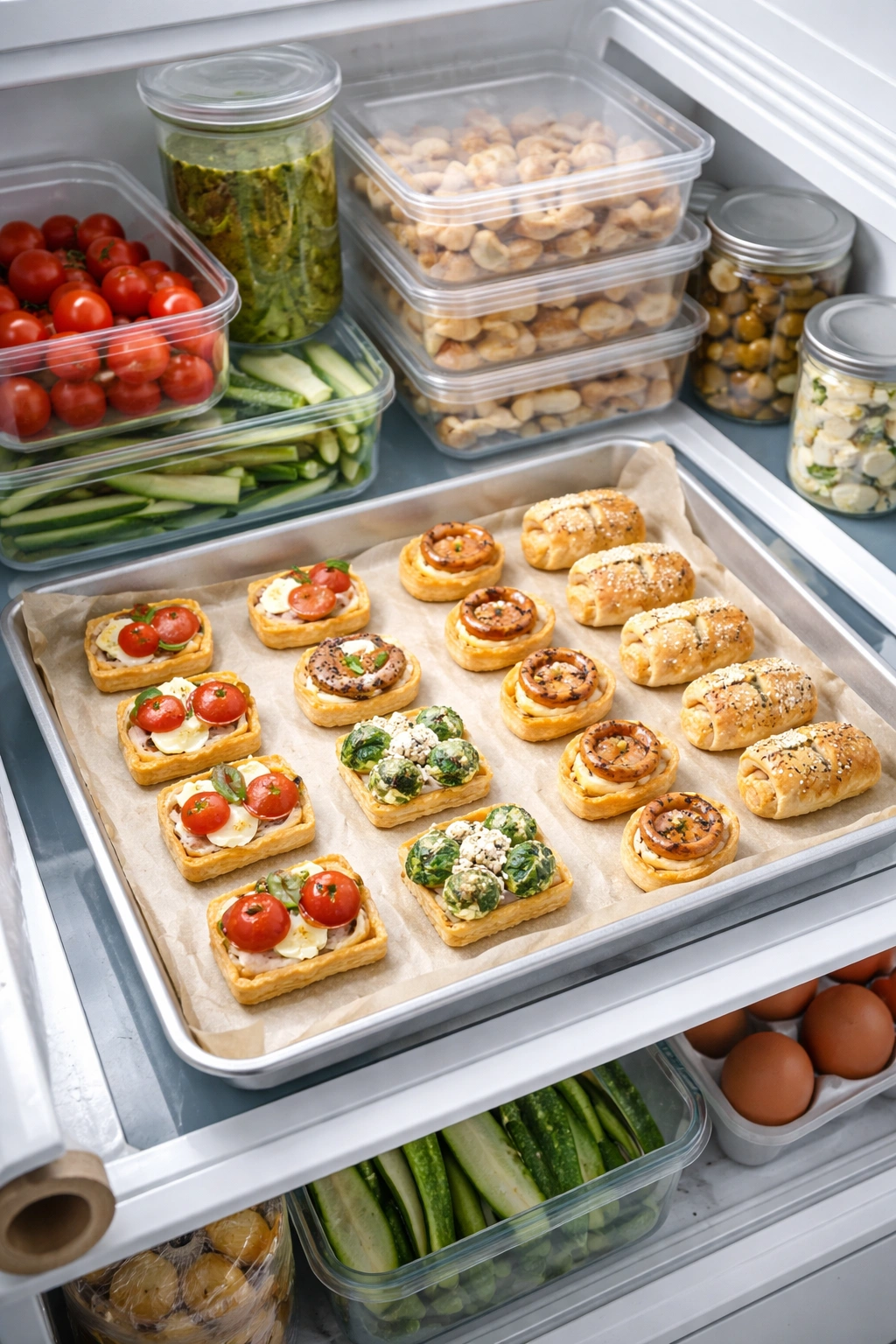 Puff pastry appetizers stored on a tray in the fridge