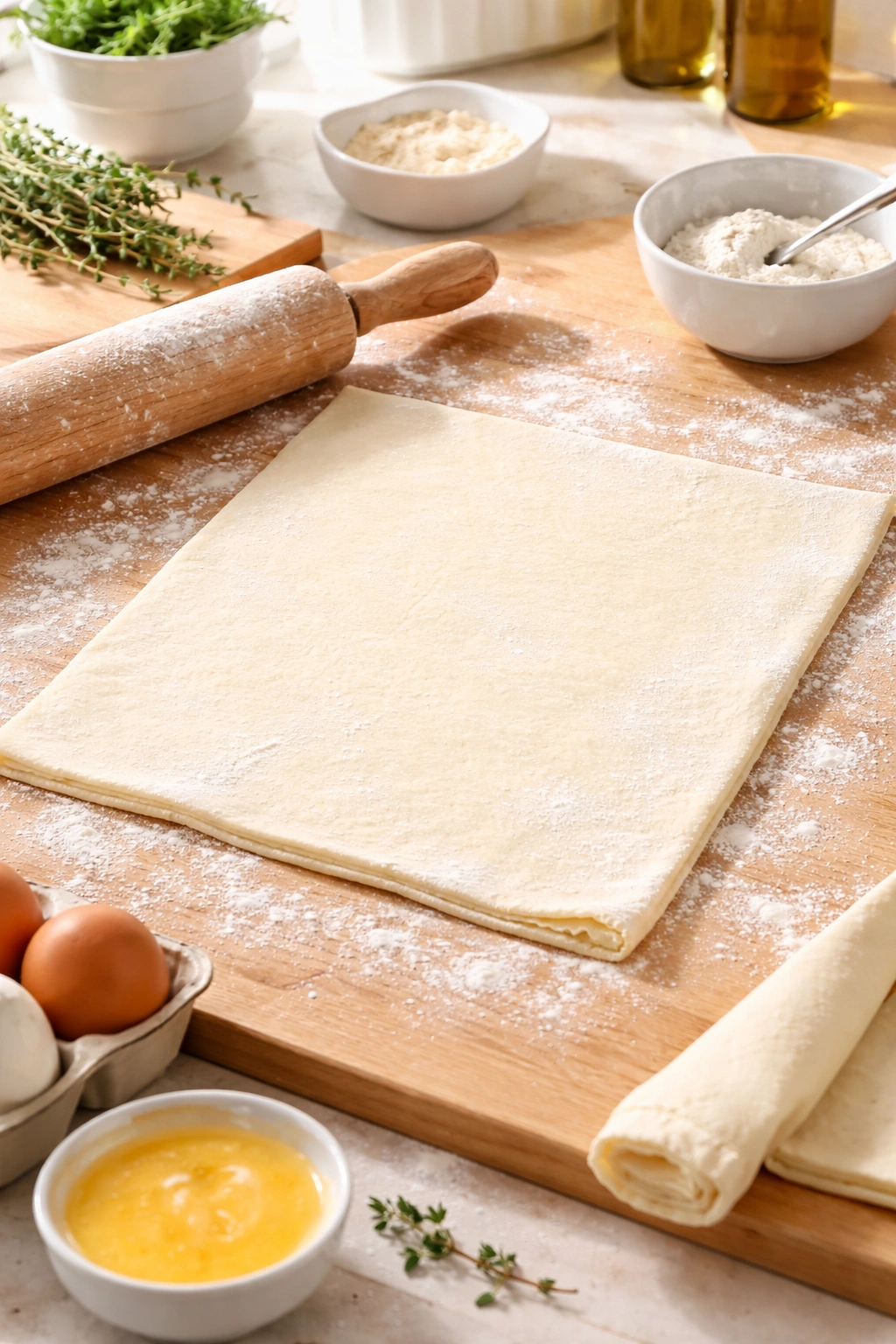Puff pastry being rolled on a wooden counter with a rolling pin