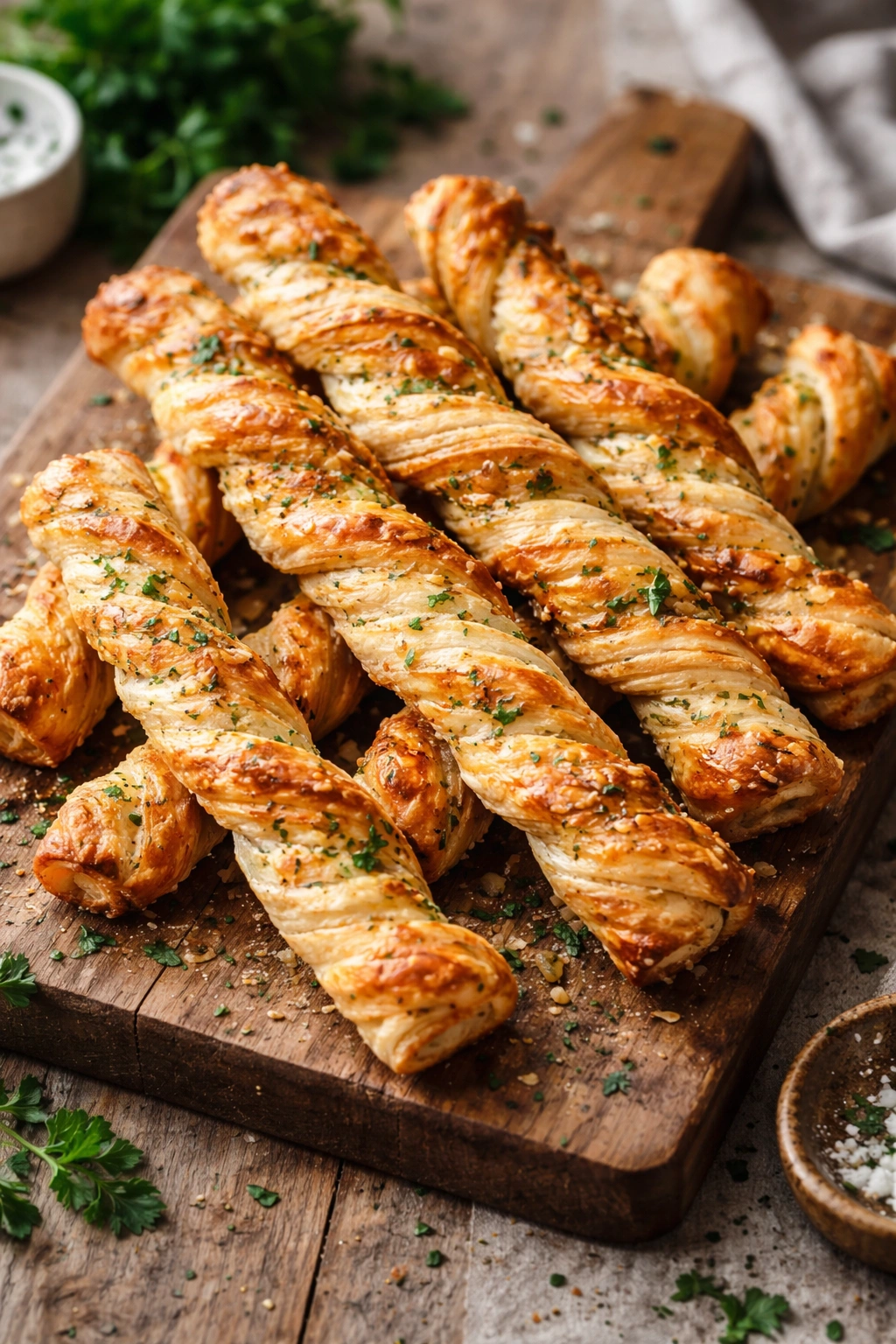Close-up of golden cheese and herb puff pastry twists on wooden board